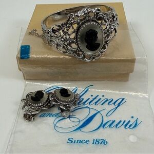 Whiting & Davis Cameo Silhouette Cuff Bracelet Clip Earrings Set Silver Vintage
